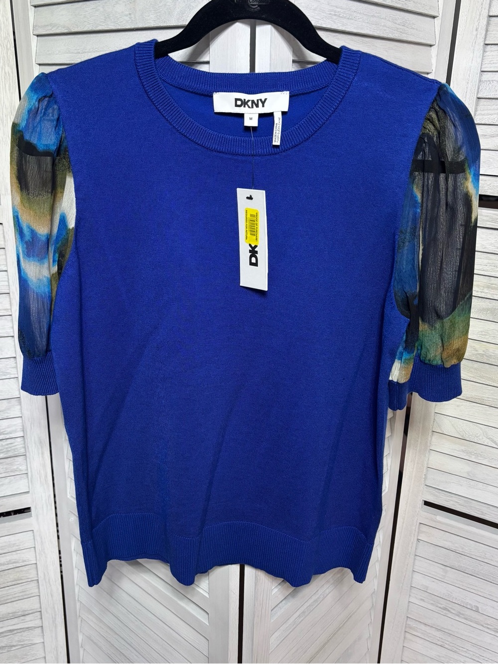 DKNY Blue Sheer Sleeve Sweater Top Medium NWT